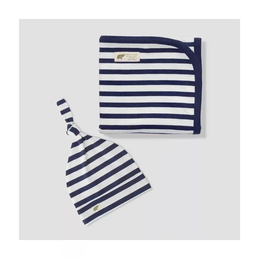 Monica + Andy Hospital Cuddle Box Navy Stripes Organic Cotton Blanket & Hat Set
